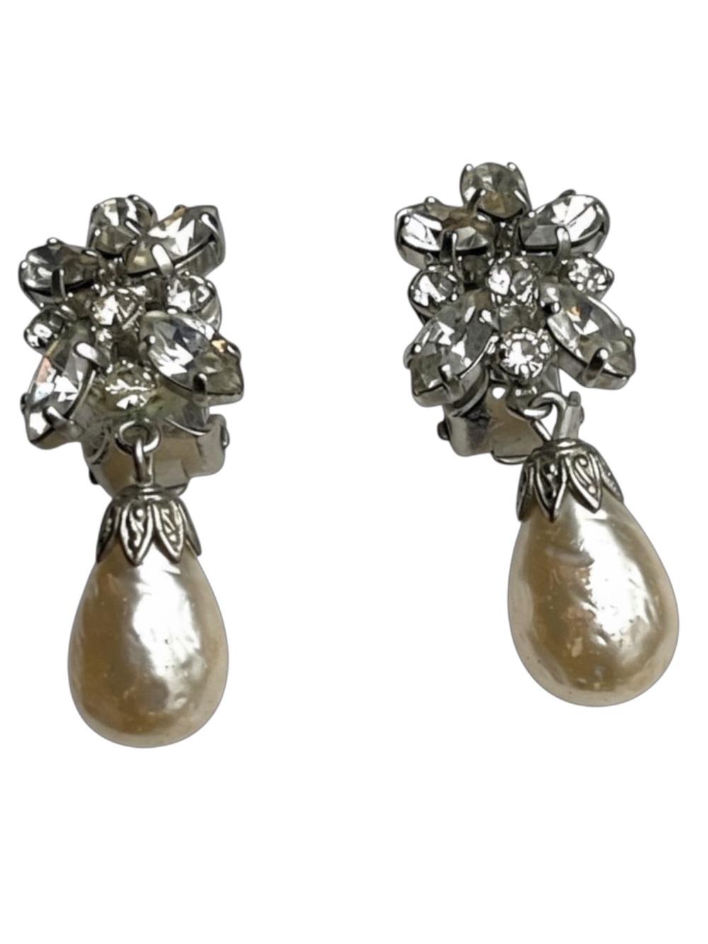 Vintage Western Germany Signed Rhinestone Drop Pearl Clip On Earrings